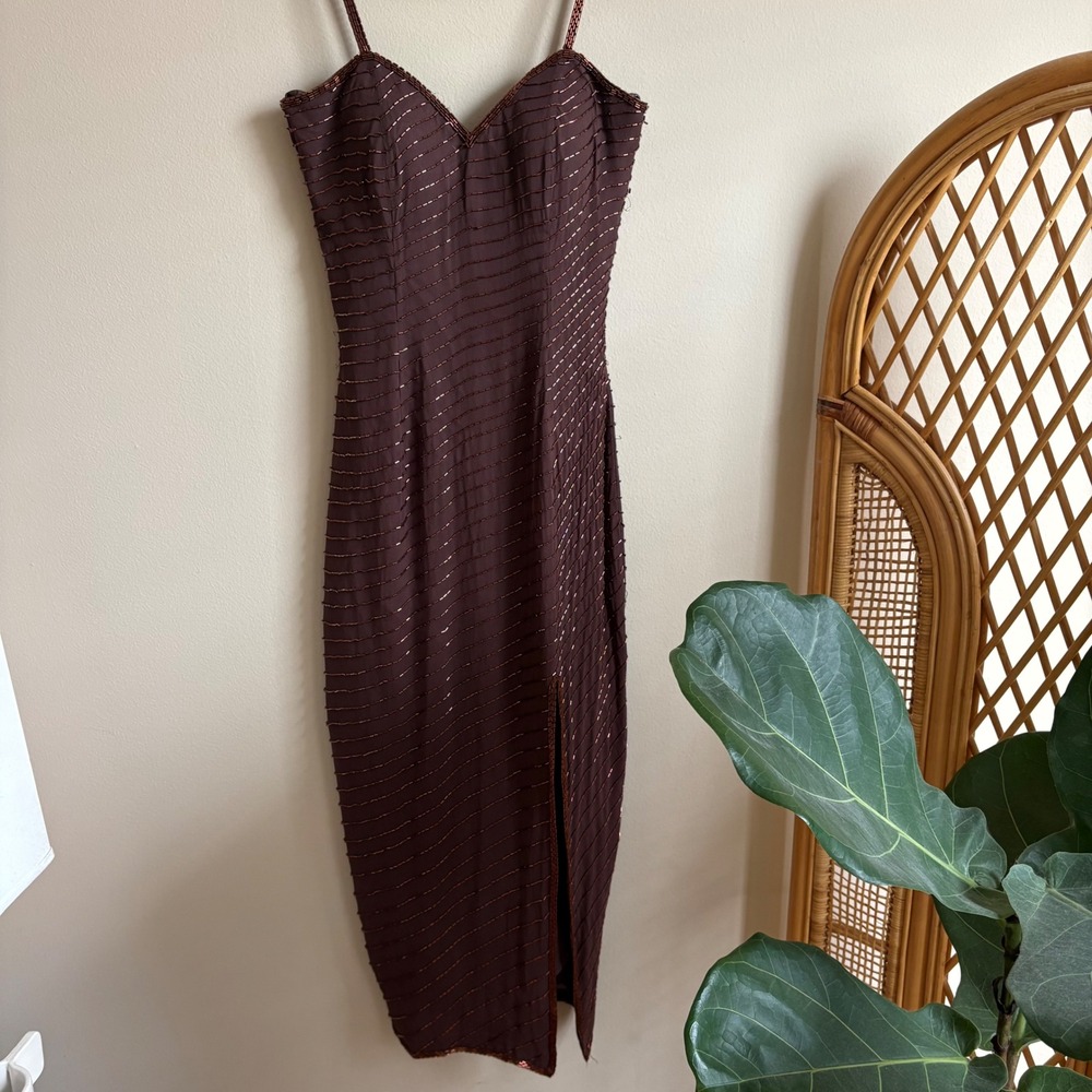 Vintage 1990's Glam Style Womens A.J. Bari 100% Silk Sequin Brown Cocktail Dress